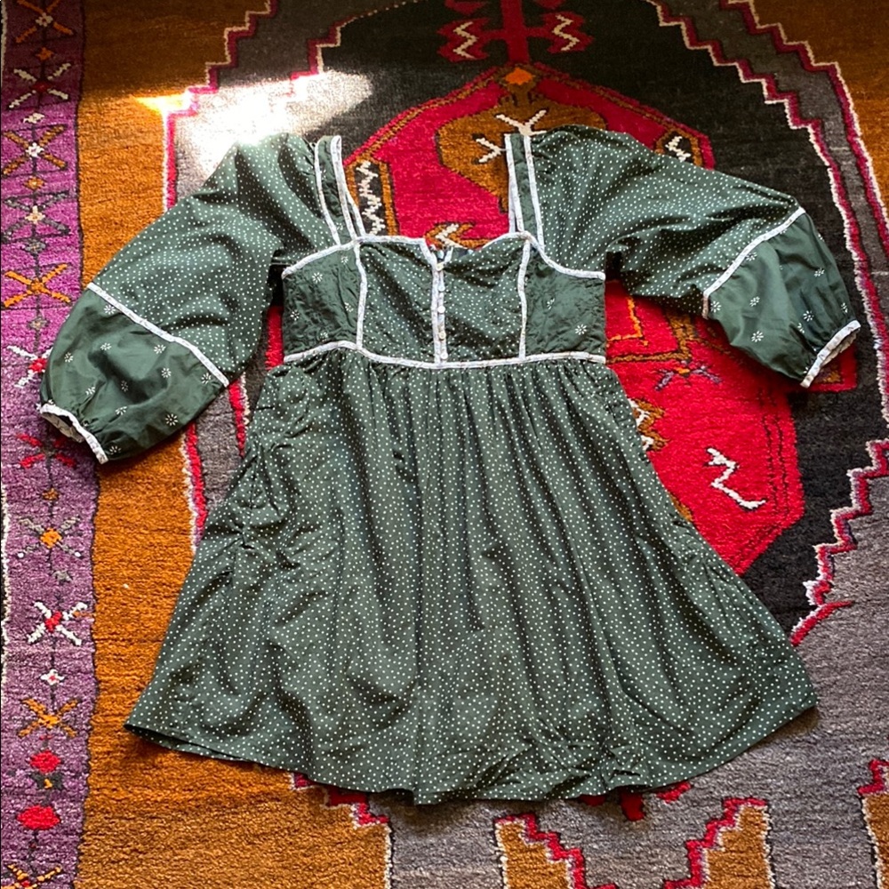 Madewell Green Polka Dot Cottagecore Prairie Dress with White Trim